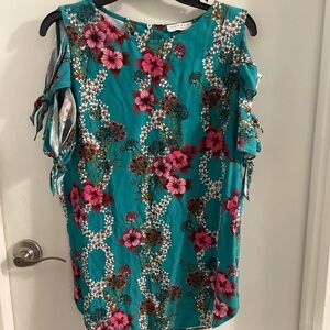 NWOT Sandro size 1 Viva Top Teal Cold Shoulder W/Tie Floral Print Blouse